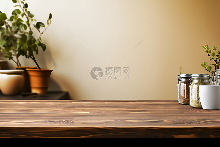 木质桌面上摆满植物图片