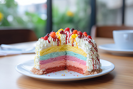 彩虹带高洒满糖霜的蛋糕背景