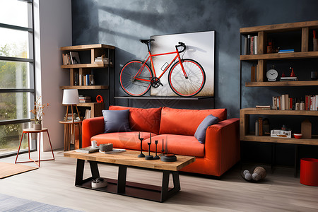 室内的壁挂自行车和沙发背景图片