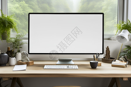 现代木质办公桌上的计算机显示器高清图片