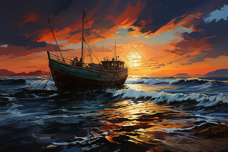 渔船绚丽海天背景图片