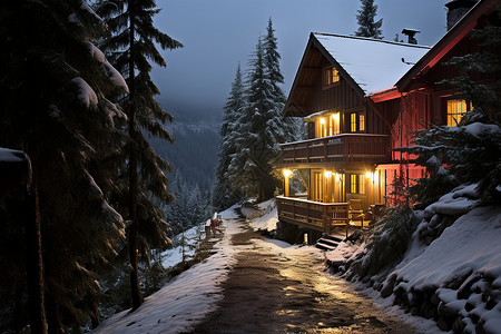 冬夜雪景冬夜白雪中的木屋背景