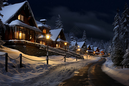 冬夜雪景冬夜木屋背景