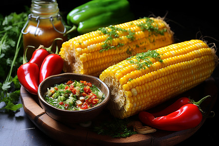 美味烤玉米与辣椒背景图片