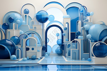 蓝天下的建筑物梦幻的蓝色系走廊设计图片