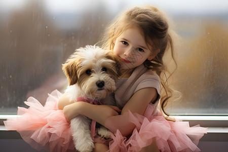 抱着狗小女孩小女孩抱着小狗背景