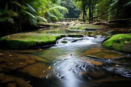 翠绿森林中流淌的小溪背景图片