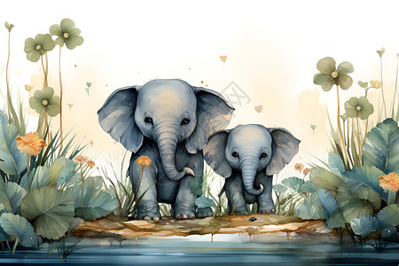 数字带边框数字绘画大象插画