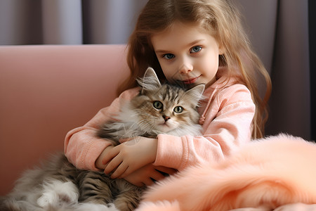 小女孩与小猫拥抱背景图片
