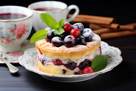 莓果糕点与薄荷的搭配背景图片