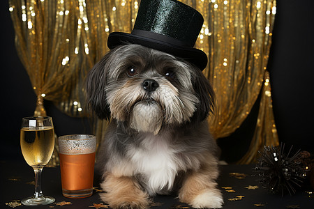 狗狗新年新年狂欢派对的盛装狗狗背景