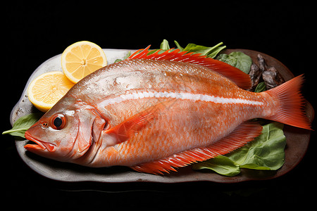 海水鱼鲽鱼盘上的柠檬与生菜背景