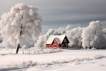 春夏季树林小屋冬季雪景中的红色小屋背景