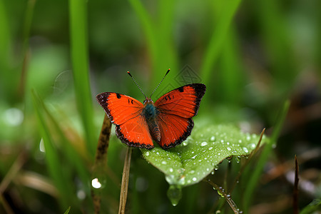 红蝴蝶栖息在树叶上背景图片