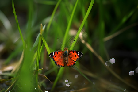 蝴蝶舞动在自然绿叶上背景图片
