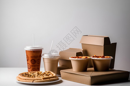 快餐盒上的披萨与咖啡背景