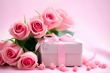 粉色玫瑰花束和礼物背景图片