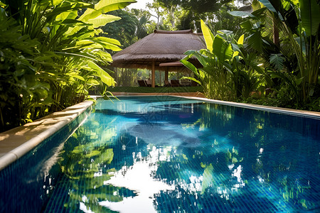 绿意盎然的热带游泳池背景图片