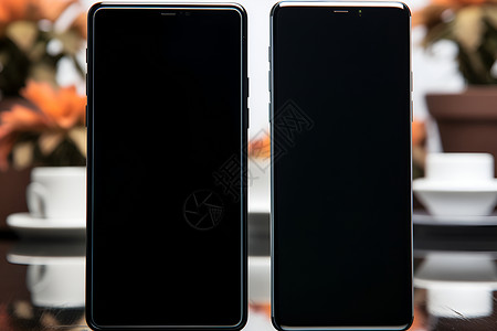 手机显示两部黑色手机背景