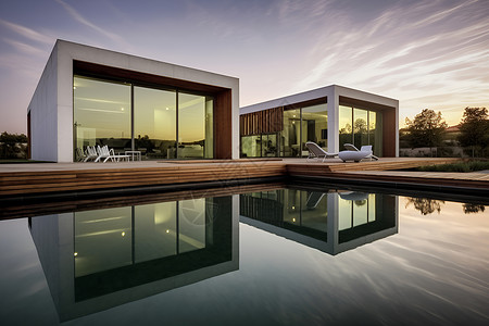 日落时分一座带有游泳池的别墅背景图片