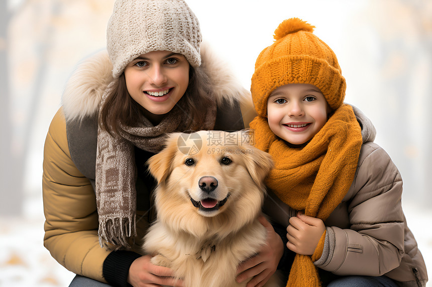 冬日幸福母女和小狗图片