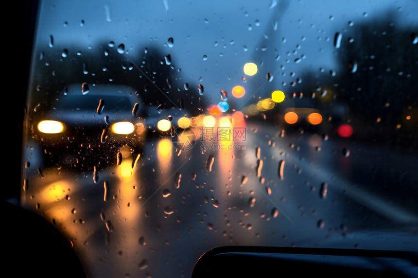 夜雨中车驶的汽车图片