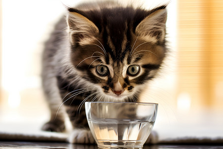 可爱动物水杯小奶猫看着水杯背景
