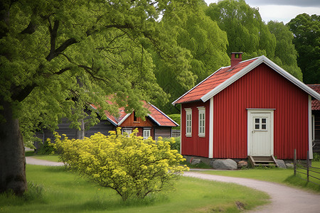 乡村的红色小屋背景图片