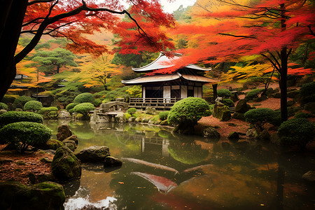 池塘边树叶唯美的秋天风景背景