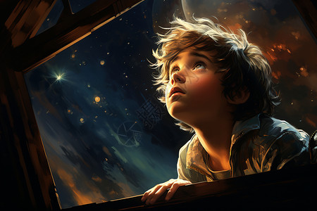 男孩仰望星空背景图片