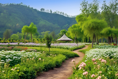 温暖春日的花海小径背景图片