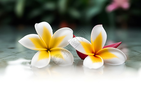 两朵白黄花在白色背景的瓷砖上中央一个粉色花朵高清图片