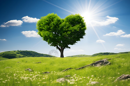 阳光下一颗心形树背景图片