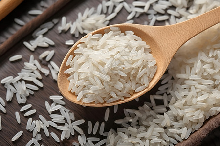 木质勺子中的谷物大米背景图片