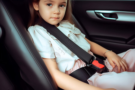 儿童汽车座椅汽车座椅上系着安全带的女孩背景