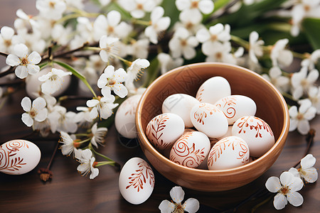 木碗里的复活节彩蛋背景图片