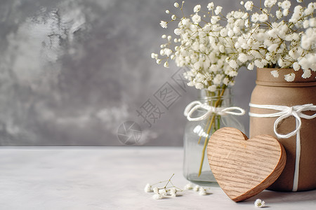 心形装饰品素材桌子上的花束和心形装饰品背景