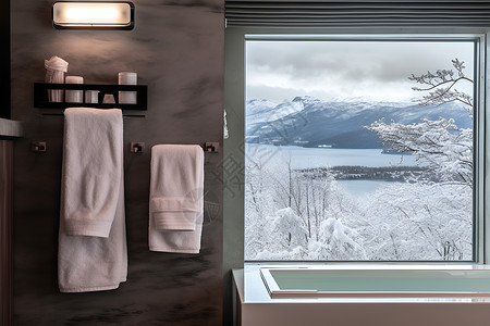 浴室外的积雪山景背景图片