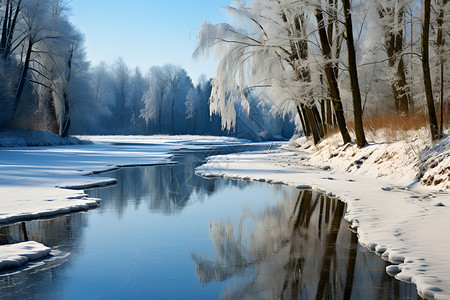 冰雪覆盖的树木和冰封的河流背景图片