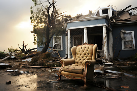 房屋废墟前的沙发背景图片