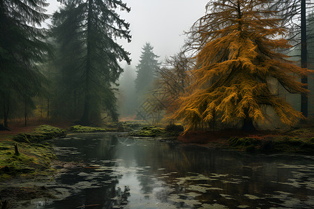 秋日湖泊边的树林背景图片