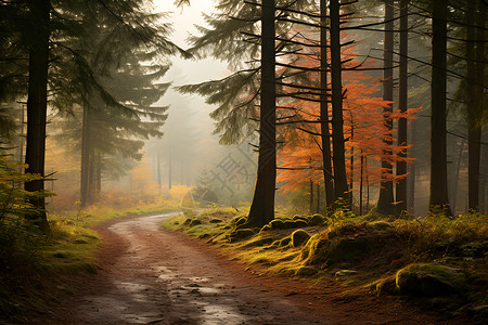 森林雾霾森林中壮丽的路径背景