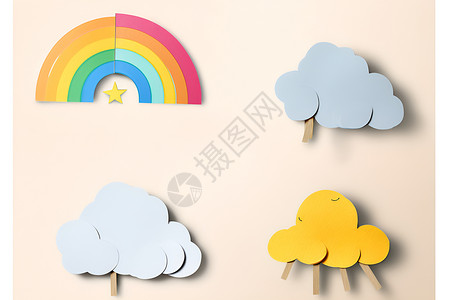 丰富多彩的彩虹云朵剪纸背景图片