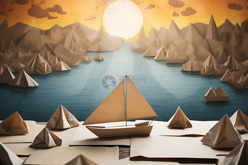 湖泊中的纸船图片