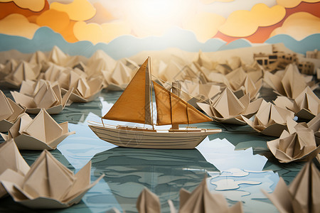 折纸纸船贺卡海上漂浮的一艘小船插画