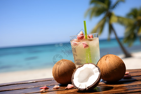 海滩上的椰子和饮品高清图片