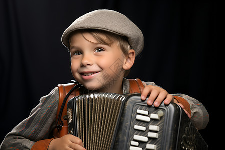 拿着风琴微笑的小男孩背景图片