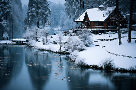 冬季白雪覆盖的小屋背景图片