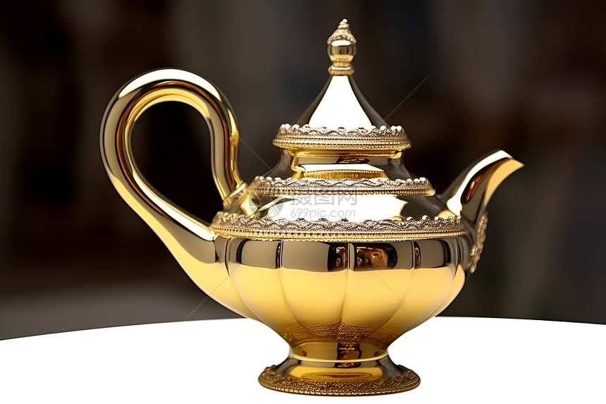 桌子上的金色茶壶图片