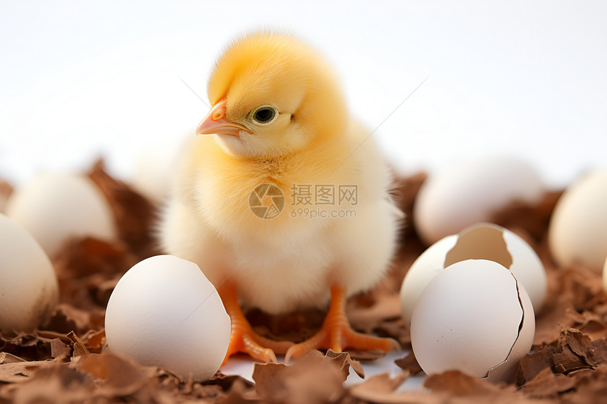 小黄鸡站在鸡蛋壳堆里图片